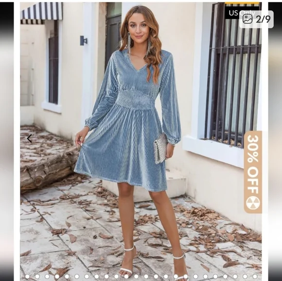 Zeagoo Vevlvet Metallic Light Blue Long Sleeve V neck Mini Dress Smocked Waist - Picture 2 of 9